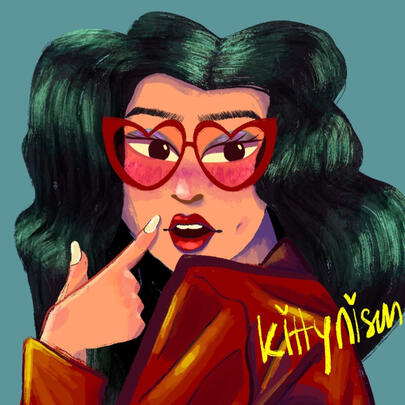 A girl with green-highlighted black hair wearing read suit and love-shaped glasses