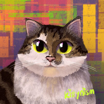 A cat looking up with an abstract background